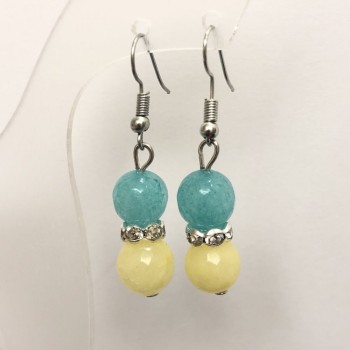 Boucles d'oreilles en pierre naturelle d'aigue-marine et citrine avec strass blancs, boule facettée, diamètre 10 mm ±, longueur 46 mm ±