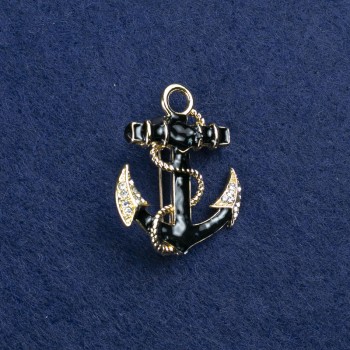 Broche Ancre dorée en métal, émail avec inclusions de nacre et strass, 31×26 mm +