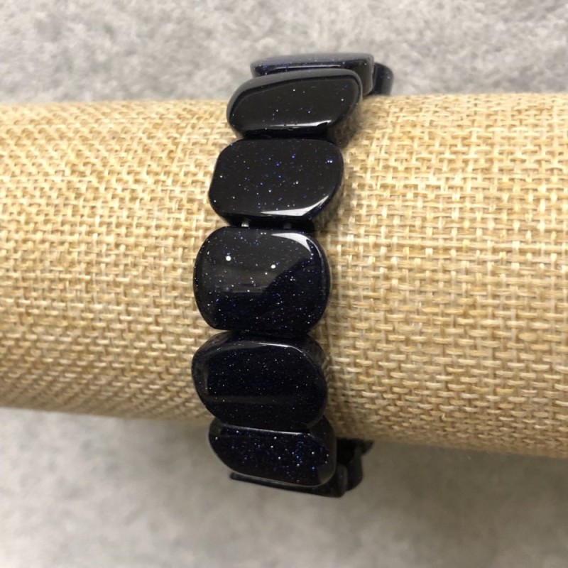 Bracelet élastique en aventurine naturelle — Sable bleu Nuit du Caire — maillons ronds lisses 18×13 mm+