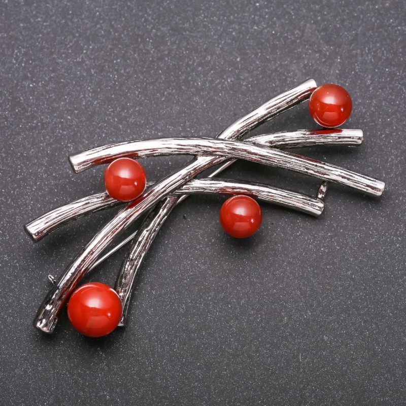 Broche grande Accent avec cornaline, métal gris 70×32 mm