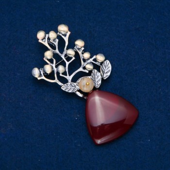 Broche en cornaline avec perle, 74 × 32 mm, métal argenté avec dorure