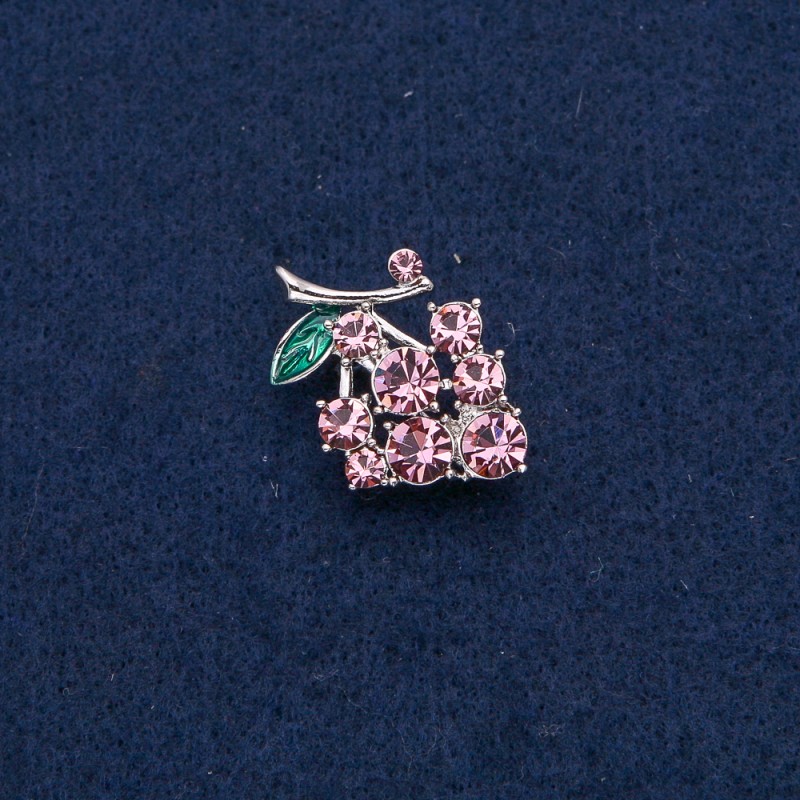 Broche-pendentif Raisin, métal argenté avec pierres roses 29×20 mm +
