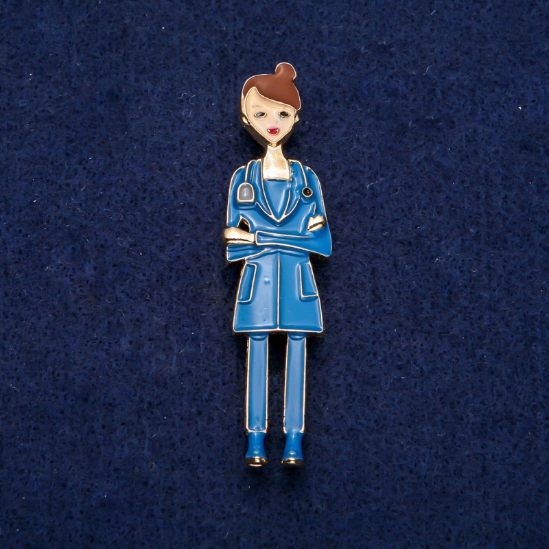 Broche «Infirmière» émail bleu, métal doré, 17×66 mm