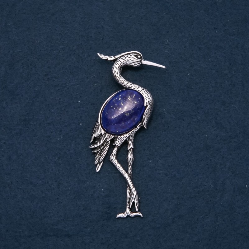 Broche-pendentif héron avec lazurite naturelle 80 × 30 mm