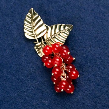 Broche en cornaline naturelle « Branche avec des baies », couleur métal doré 60 × 35 mm