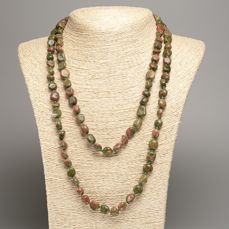 Collier long en pierre d'unakite jaspe galetée, diamètre 5×8-10 mm ±, longueur 110 cm+