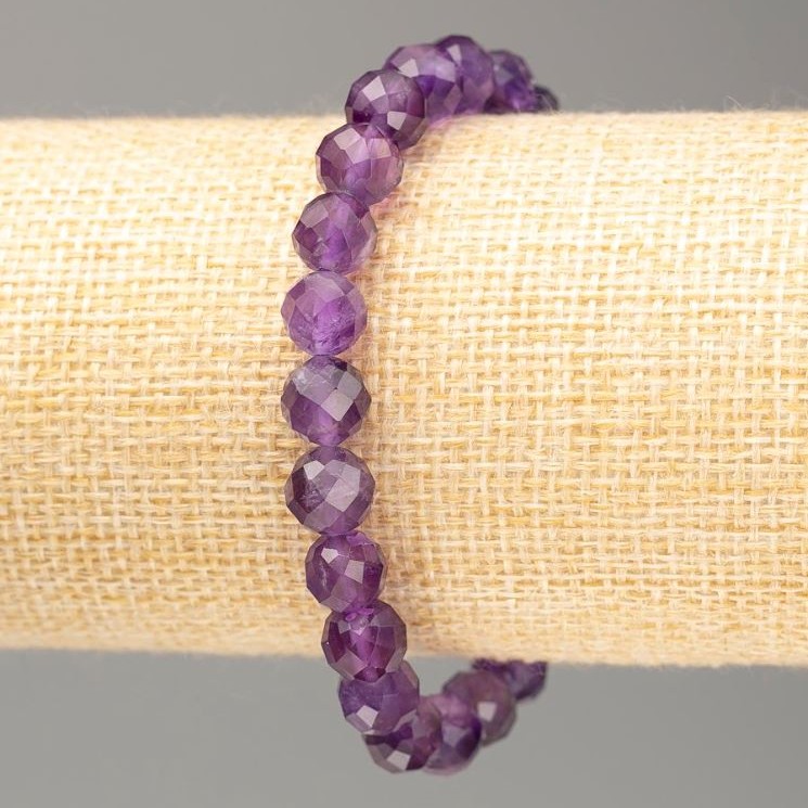 Bracelet en pierre naturelle d'améthyste, boule facettée, diamètre 8 mm, longueur environ 18 cm, à élastique