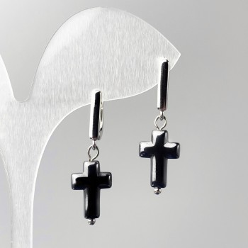 Boucles d'oreilles Croix en hématite, diamètre 10×16 mm ±, longueur 33 mm