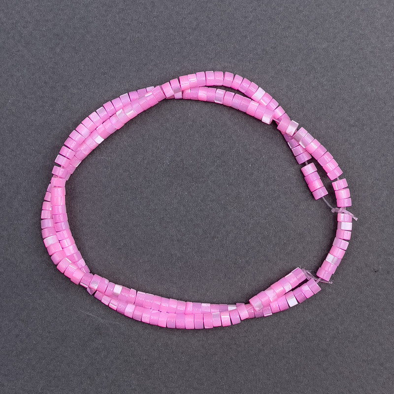 Perles nacrées teintées rose, forme disque, diamètre 4×2 mm, longueur ±40 cm sur fil