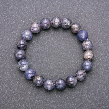 Bracelet en iolite naturel sur élastique, perles rondes lisses, diamètre 10 mm (±), tour de poignet 18 cm