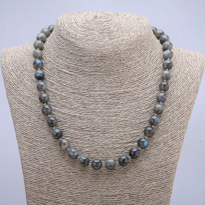 Collier en labradorite naturelle, boule lisse, diamètre 10 mm, longueur 45 cm +