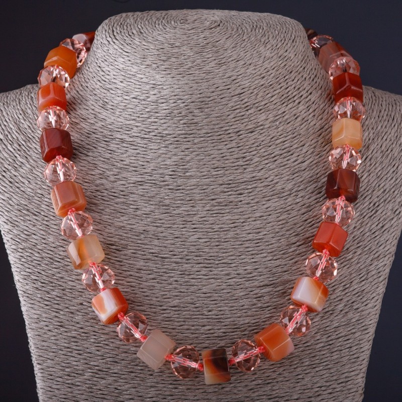 Collier hexagonal en cornaline, cristal tchèque, longueur 48 cm, diamètre 13 mm
