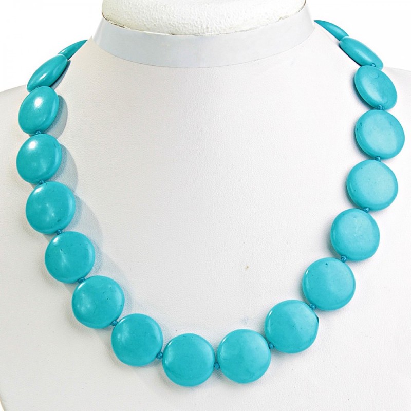 Collier bleu turquoise (artificiel) perles en forme de pièce de 20 mm, longueur 46 cm