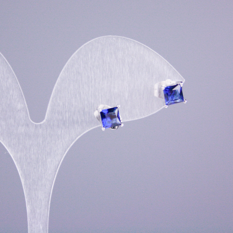 Boucles d'oreilles puce Xuping rhodium avec pierre bleue 5×5 mm, carré ±, longueur 16 mm et plus