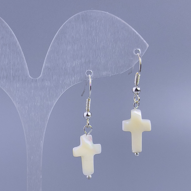 Boucles d'oreilles en nacre blanche en forme de croix, diamètre 10 × 15 mm, longueur 36 mm+