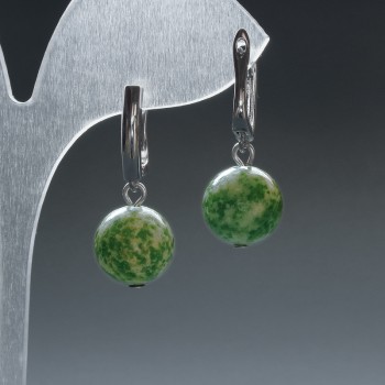 Boucles d'oreilles en agate mousse, boule lisse, diamètre 12,5 mm ±, fermoir anglais, longueur environ 33 mm