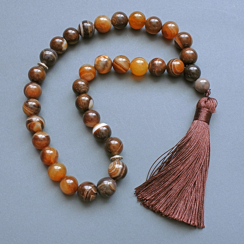 Chapelets d'agate – pierre naturelle, billes rondes lisses de 12 mm, 33 perles, avec inserts métalliques