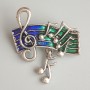 Broche Notes émail vert et bleu, métal argenté 33×26 mm